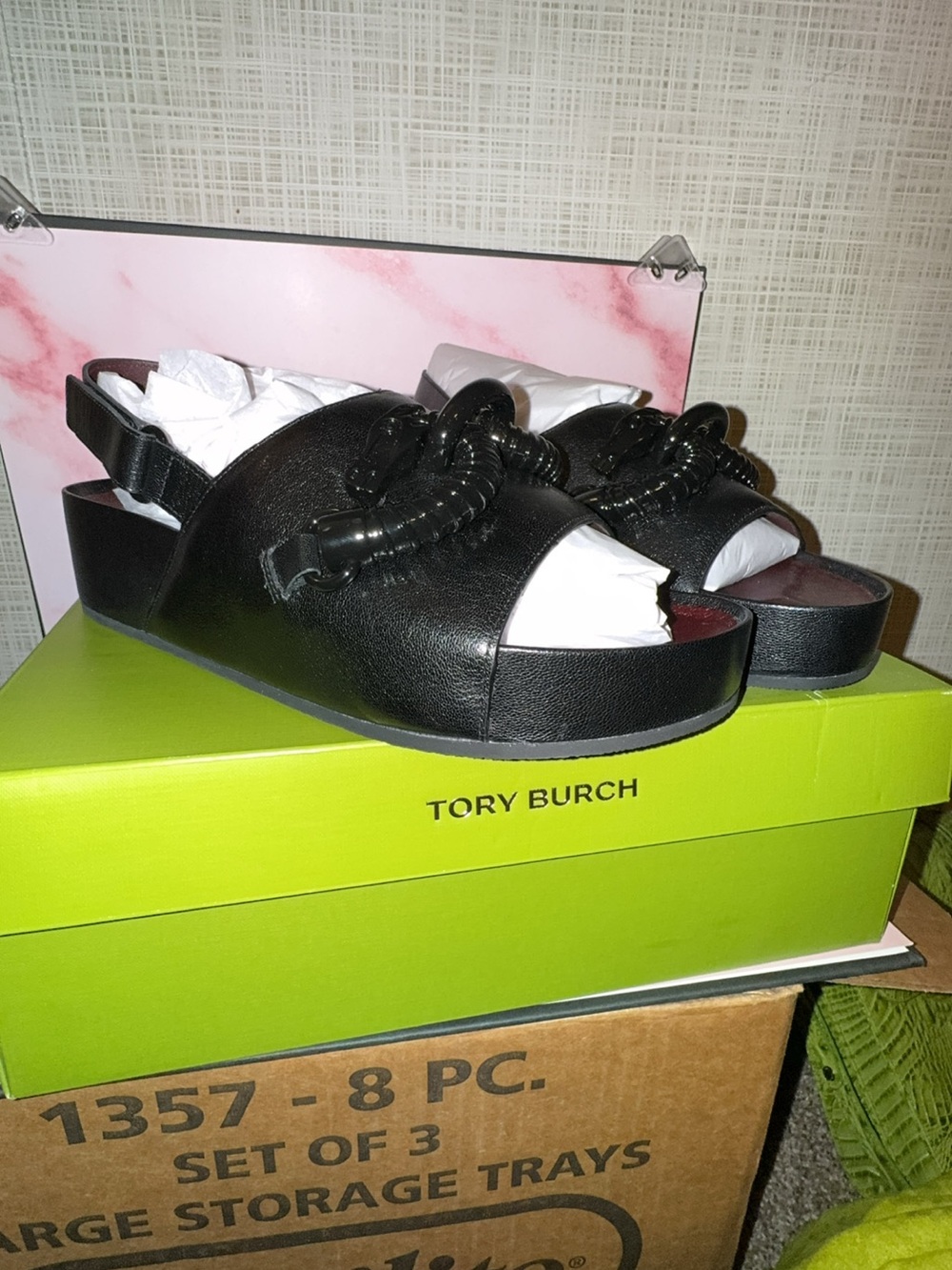 Tory Burch Black Leather Platform Slide Sandals with Rope Detail